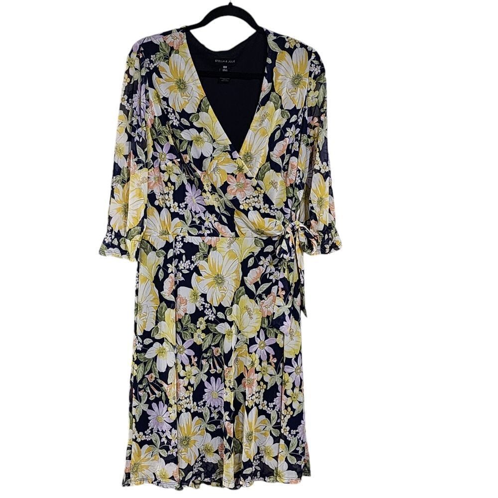 Stella & Julie navy & yellow floral chiffon 3/4 sleeve midi dress 16W